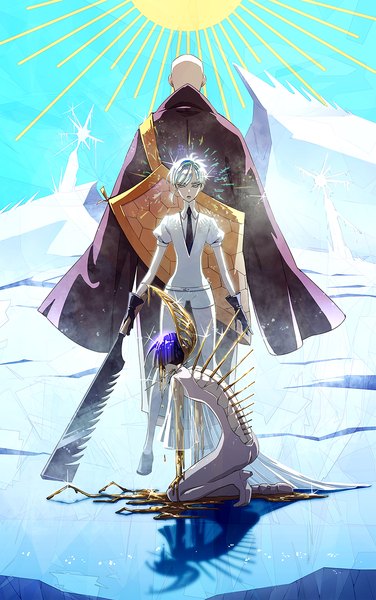Anime picture 1000x1597 with houseki no kuni phosphophyllite antarcticite phosphophyllite (ll) kongou sensei yuma (yuma001959) tall image short hair standing blue hair silver hair full body from behind shadow kneeling back to back shiny androgynous spoilers bald