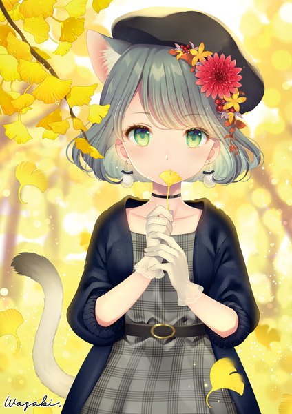Anime picture 800x1131 with original wasabi (sekai) single tall image looking at viewer blush fringe short hair standing holding green eyes signed animal ears outdoors tail animal tail hair flower grey hair cat ears open jacket