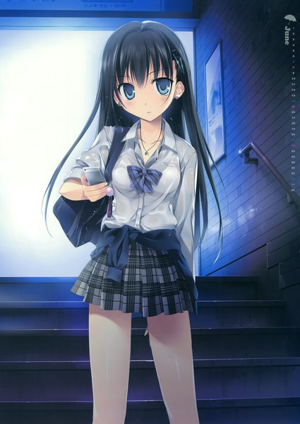 Anime picture 4955x7000 with original karory single long hair tall image looking at viewer highres blue eyes black hair absurdres scan calendar 2014 girl skirt uniform school uniform shirt school bag phone calendar