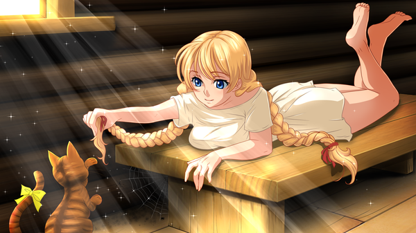 Anime picture 1920x1080 with the herbalist moonworks slavyana (the herbalist) orika nekoi single long hair highres blue eyes blonde hair wide image lying braid (braids) barefoot twin braids on stomach girl bow animal cat spider web