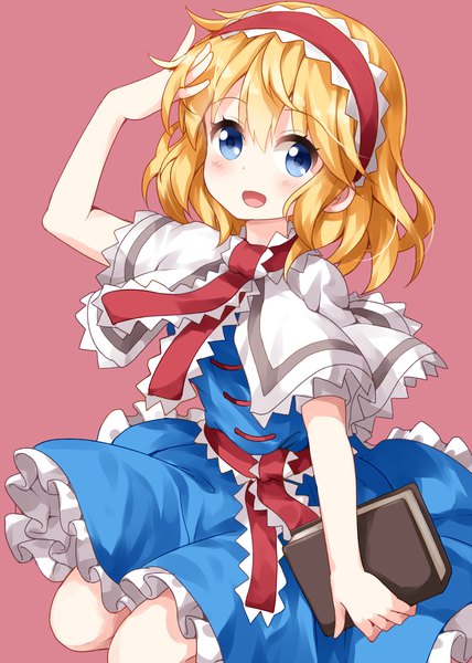 Anime picture 1000x1400 with touhou alice margatroid ruu (tksymkw) single tall image looking at viewer blush fringe short hair open mouth blue eyes simple background blonde hair hair between eyes :d adjusting hair pink background girl hairband book (books)
