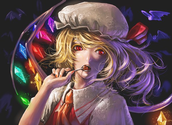 Anime picture 2120x1536 with touhou flandre scarlet teru sakura single highres short hair open mouth blonde hair red eyes holding looking away nail polish teeth floating hair mouth hold glowing halloween food in mouth orange nail polish girl