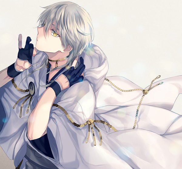 Anime picture 1000x930 with touken ranbu nitroplus tsurumaru kuninaga tenkuu sphere single long hair looking at viewer fringe simple background hair between eyes yellow eyes silver hair traditional clothes japanese clothes profile from above grey background boy gloves choker