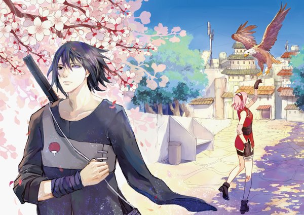 Anime picture 2694x1904 with naruto studio pierrot naruto (series) uchiha sasuke haruno sakura meng1132 fringe highres short hair black hair hair between eyes standing purple eyes bare shoulders holding looking away pink hair sky full body upper body