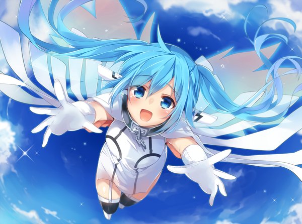 Anime picture 1000x744 with sora no otoshimono nymph (sora no otoshimono) mishima kurone long hair blush open mouth blue eyes twintails blue hair sky cloud (clouds) :d loli girl thighhighs gloves black thighhighs wings elbow gloves white gloves