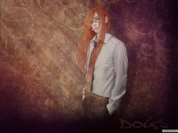 Anime picture 1024x768 with dogs: bullets & carnage david production badou nails tagme (artist) single long hair simple background brown hair hands in pockets smoking boy shirt necktie white shirt eyepatch cigarette wall