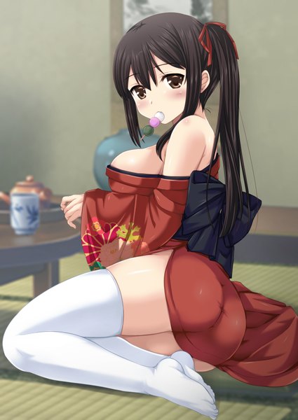 Anime picture 1254x1770 with kantai collection akagi aircraft carrier nijimotohiro k single long hair tall image looking at viewer blush breasts light erotic black hair large breasts sitting bare shoulders holding brown eyes indoors traditional clothes japanese clothes off shoulder