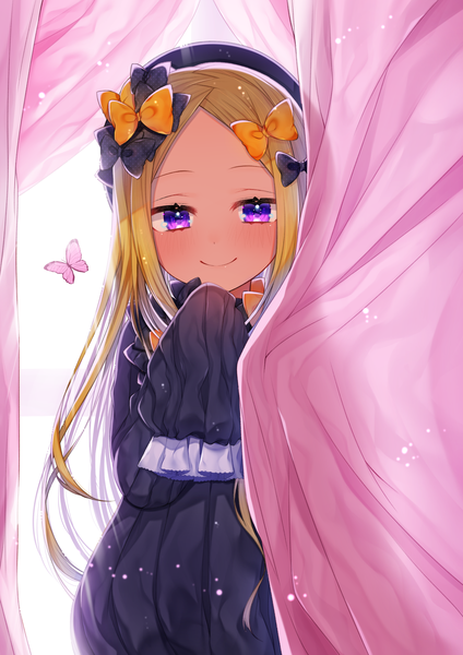 Anime picture 1200x1697 with fate (series) fate/grand order abigail williams (fate) akirannu single long hair tall image looking at viewer blush fringe blonde hair smile standing purple eyes payot long sleeves hands in sleeves girl dress bow