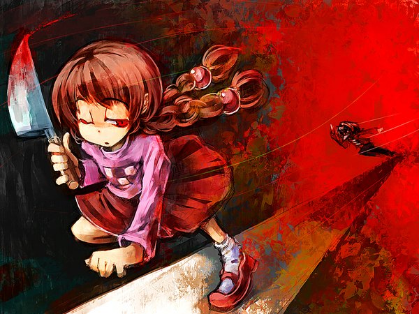 Anime picture 1024x768 with yume nikki madotsuki toriningen ukyo rst red eyes brown hair braid (braids) twin braids running chasing blood knife