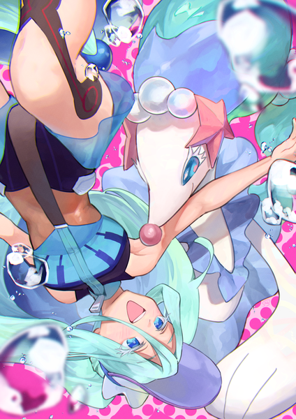 Anime-Bild 2894x4093 mit pokemon vocaloid nintendo project voltage hatsune miku primarina water miku (project voltage) bossan 3310 single tall image highres open mouth blue eyes twintails looking away :d aqua hair midriff sleeveless upside down