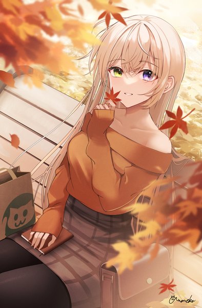 Anime picture 2689x4096 with original amaneko (amaneko y) single long hair tall image looking at viewer fringe highres blonde hair smile hair between eyes sitting purple eyes holding green eyes signed outdoors long sleeves parted lips arm up