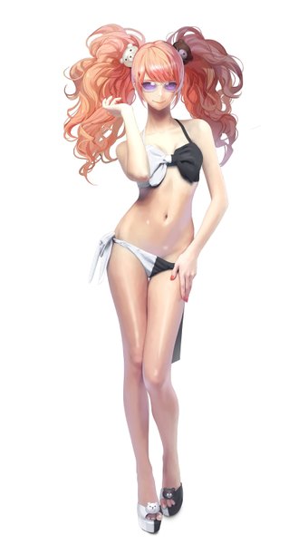 Anime picture 1777x3134 with dangan ronpa enoshima junko nyarko single long hair tall image looking at viewer blush highres light erotic simple background smile brown hair white background twintails bare shoulders nail polish barefoot bare belly bare legs