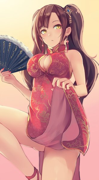 Anime picture 497x900 with original nakaichi (ridil) single long hair tall image blush breasts light erotic simple background brown hair large breasts standing twintails bare shoulders holding yellow eyes payot looking away cleavage bent knee (knees)