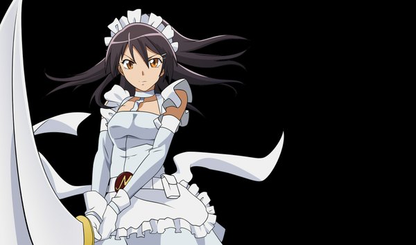 Anime picture 2000x1182 with kaichou wa maid-sama! ayuzawa misaki highres black hair simple background wide image maid orange eyes black background girl gloves weapon detached sleeves sword headdress maid headdress apron