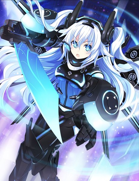 Anime picture 639x832 with choujigen game neptune shin jigen game neptune vii noire black heart next black tsunako single long hair tall image fringe open mouth blue eyes hair between eyes twintails payot looking away white hair official art :o symbol-shaped pupils
