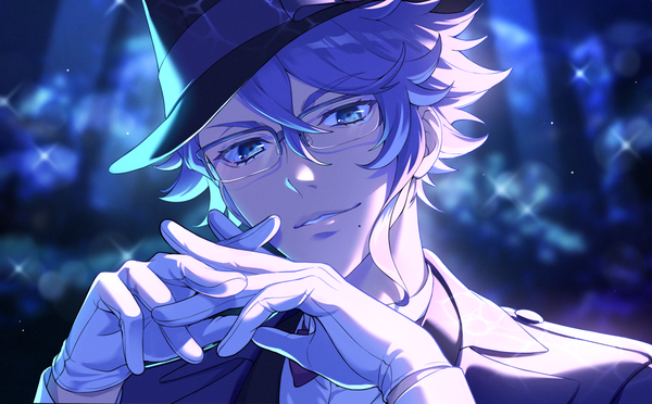 Anime picture 1614x1000 with twisted wonderland azul ashengrotto letta illust single looking at viewer fringe short hair hair between eyes wide image silver hair upper body blurry mole sparkle mole under mouth silver eyes interlocked fingers boy gloves hat