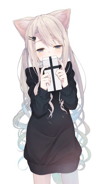 Anime picture 1132x2000 with original tokuno yuika single long hair tall image looking at viewer blush fringe blue eyes simple background blonde hair standing white background holding animal ears payot long sleeves cat ears cat girl wavy hair