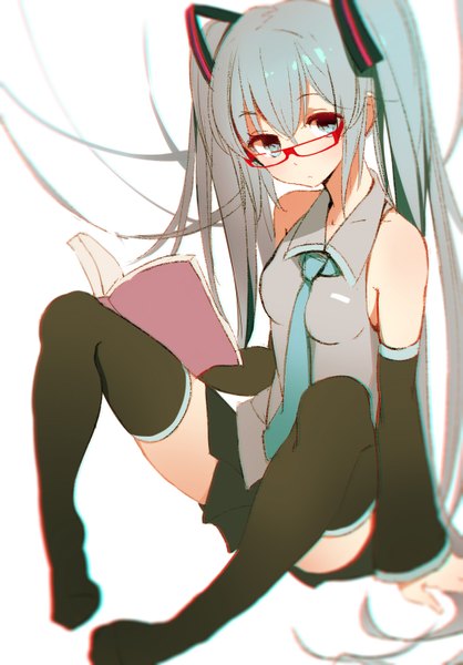 Anime picture 1043x1496 with vocaloid hatsune miku erolcy single tall image looking at viewer fringe sitting twintails bare shoulders very long hair aqua eyes from above aqua hair grey background girl thighhighs black thighhighs detached sleeves glasses