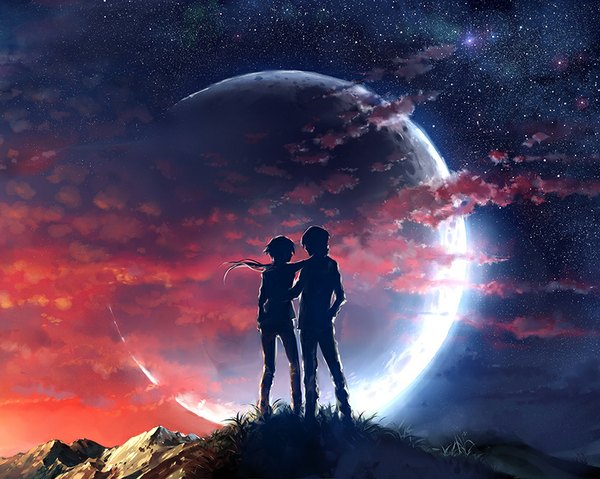 Anime picture 834x667 with original yuumei long hair short hair wide image standing sky cloud (clouds) outdoors ponytail from behind sunlight night night sky hug mountain face to face silhouette red sky plant (plants)