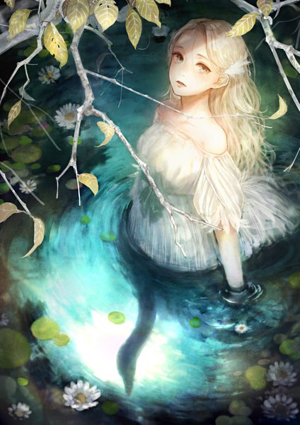 Anime picture 2893x4092 with original romiy single long hair tall image looking at viewer blush highres open mouth blonde hair hair between eyes standing bare shoulders from above shadow grey eyes tears partially submerged shaded face lake