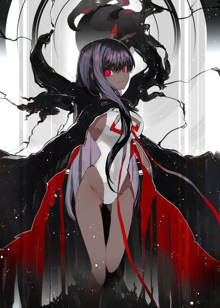 Anime picture 1000x1401 with fate (series) fate/grand order bb (fate) (all) bb (swimsuit mooncancer) (fate) kusakanmuri single long hair tall image looking at viewer fringe light erotic smile hair between eyes red eyes purple hair dark skin ass visible through thighs girl swimsuit cape