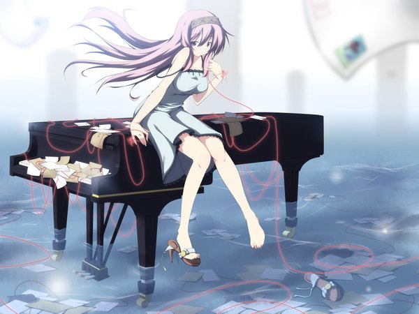 Anime picture 1920x1440 with vocaloid megurine luka yuzuki kei single long hair highres blue eyes pink hair single shoe girl water hairband sundress musical instrument paper thread red thread piano