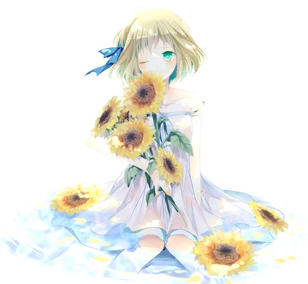 Anime picture 1000x926 with axis powers hetalia studio deen liechtenstein (hetalia) fukuda935 single looking at viewer blush short hair blonde hair sitting green eyes one eye closed wink knees touching girl flower (flowers) ribbon (ribbons) hair ribbon sundress sunflower