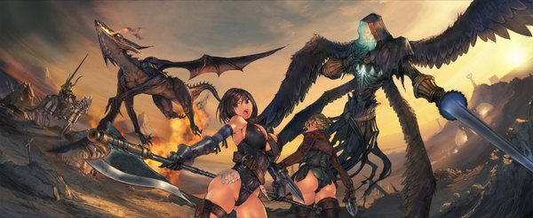 Anime picture 3000x1232 with fantasy earth zero kanda (ura-kanda) highres short hair breasts light erotic black hair blonde hair wide image large breasts multiple girls holding ass braid (braids) from behind letterboxed fantasy dual wielding battle field
