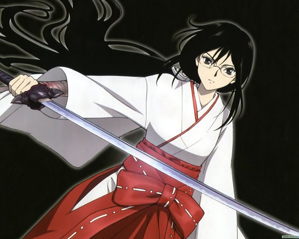 Anime picture 1587x1270 with blood c production i.g kisaragi saya single long hair looking at viewer black hair simple background twintails traditional clothes black eyes black background miko girl sword glasses katana