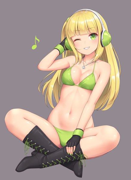 Anime picture 860x1180 with original sasaame single long hair tall image looking at viewer blush fringe breasts light erotic simple background smile sitting bare shoulders green eyes payot cleavage full body blunt bangs one eye closed