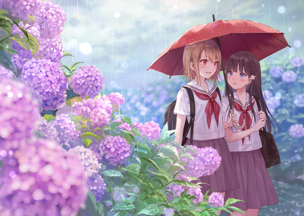 Anime picture 1200x853 with original fukahire (ruinon) long hair blush fringe short hair open mouth blonde hair smile hair between eyes red eyes brown hair standing multiple girls holding outdoors blunt bangs :d pleated skirt hair flower