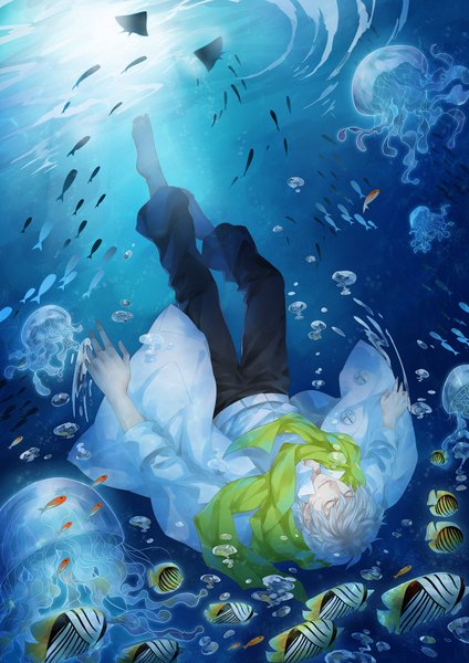 Anime picture 1240x1753 with dramatical murder nitro+chiral clear (dmmd) dk (pixiv) tall image short hair smile white hair eyes closed sunlight open clothes open shirt underwater boy shirt scarf sea pants fish (fishes) jellyfish