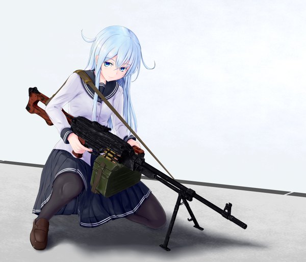 Anime picture 3500x3000 with kantai collection hibiki destroyer verniy destroyer m134 single long hair fringe highres blue eyes simple background hair between eyes white background holding blue hair looking away absurdres full body ahoge bent knee (knees) pleated skirt