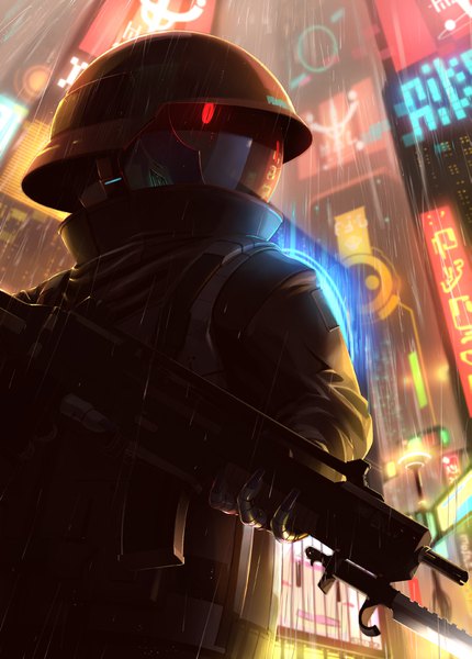 Anime picture 1171x1634 with original rapama single tall image red eyes holding looking away outdoors night from below city glowing reflection rain glowing eye (eyes) glow city lights military science fiction soldier