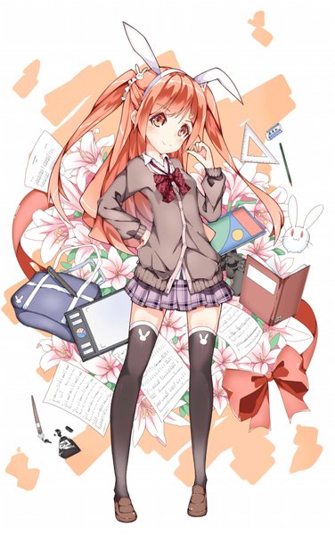 Anime picture 1200x1914 with original dango remi single long hair tall image looking at viewer blush smile standing twintails animal ears pleated skirt orange hair orange eyes bunny ears zettai ryouiki plaid skirt girl thighhighs skirt