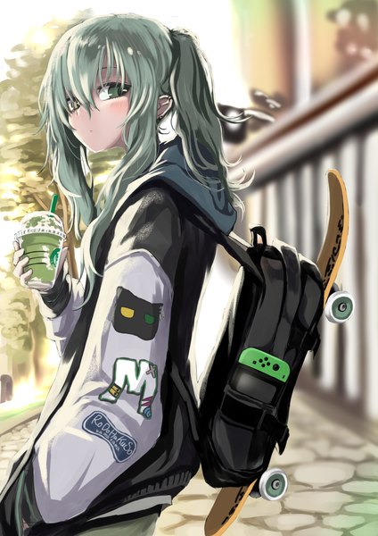 Anime picture 3244x4587 with original nintendo kamatama single long hair tall image looking at viewer blush fringe highres hair between eyes standing twintails holding green eyes yellow eyes absurdres outdoors green hair heterochromia