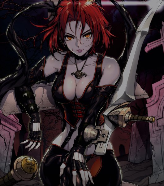 Anime picture 1712x1937 with bloodrayne (videogame) bloodrayne tagme (artist) single tall image looking at viewer highres short hair breasts smile sitting bare shoulders cleavage red hair lips night orange eyes vampire wide hips girl