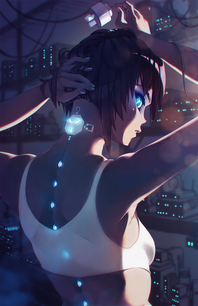 Anime picture 1000x1545 with rtil (artist) single tall image short hair open mouth blue eyes black hair bare shoulders looking back from behind back cyberpunk girl wire (wires)