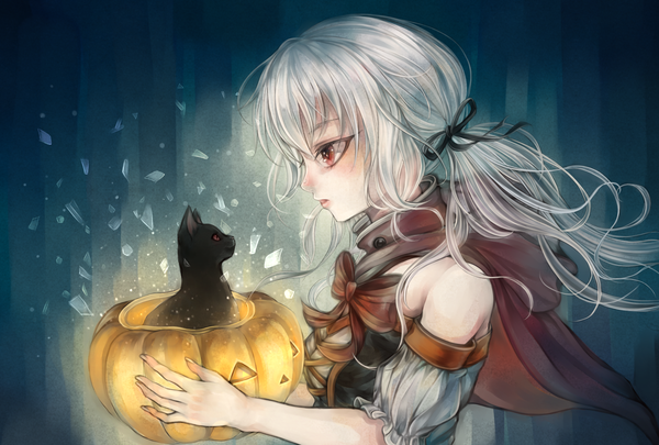 Anime picture 1748x1181 with original shio tsuitta single long hair highres red eyes bare shoulders white hair profile halloween girl dress animal cat