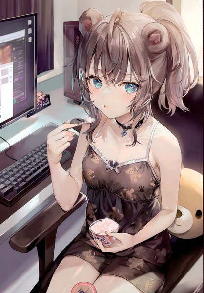 Anime picture 2097x3011 with original momoko (momopoco) single tall image looking at viewer blush fringe highres short hair breasts open mouth blue eyes hair between eyes brown hair sitting bare shoulders holding animal ears payot ahoge