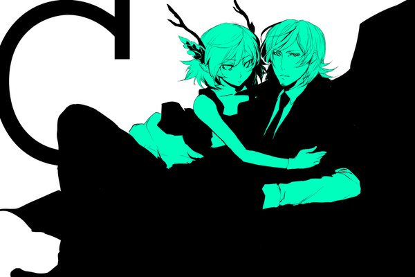 Anime picture 1000x667 with c: the money of soul and possibility control q (control) mikuni souichirou pizaya looking at viewer short hair simple background white background sitting bare shoulders green eyes horn (horns) pointy ears couple hug monochrome clothes on shoulders girl boy gloves
