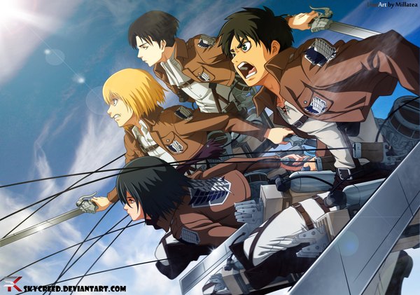 Anime picture 4080x2868 with shingeki no kyojin production i.g mikasa ackerman eren yaeger levi (rivaille) armin arlert skycreed highres short hair open mouth black hair blonde hair holding green eyes absurdres sky cloud (clouds) black eyes multiple boys grin