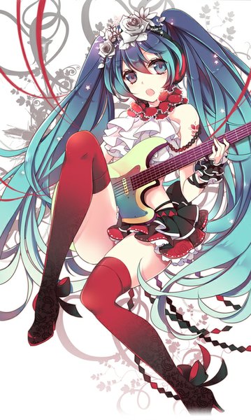 Anime picture 500x835 with project diva f 2nd vocaloid hatsune miku jonejung single long hair tall image open mouth blue eyes sitting twintails bare shoulders blue hair bent knee (knees) pink eyes multicolored hair hair flower heterochromia floral print gradient hair