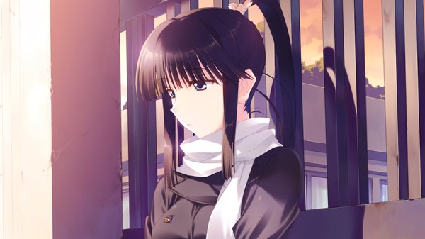 Anime picture 1280x720 with white album 2 touma kazusa single long hair blue eyes black hair wide image game cg ponytail girl jacket scarf