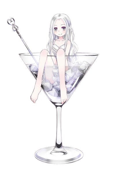 Anime picture 1244x1754 with original 54hao single long hair tall image looking at viewer simple background smile white background sitting bare shoulders silver hair barefoot bare legs legs sleeveless partially submerged wavy hair half updo silver eyes