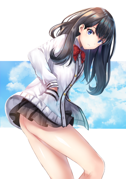 Anime picture 778x1100 with gridman universe ssss.gridman studio trigger takarada rikka toshi (1-147) single long hair tall image looking at viewer blush fringe blue eyes light erotic black hair sky cloud (clouds) ass pleated skirt hands in pockets skirt flip