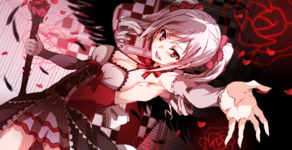 Anime picture 1280x660 with idolmaster idolmaster cinderella girls yumehito single long hair looking at viewer fringe open mouth smile wide image twintails bare shoulders pink hair pink eyes red background lacing checkered checkered background girl dress