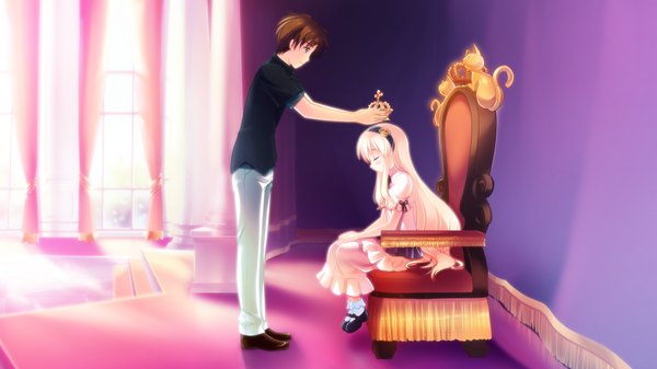 Anime picture 2048x1152 with shinsei ni shite okasubekarazu (game) haruka ruha watari masahito long hair highres short hair blonde hair brown hair wide image game cg loli girl dress boy crown