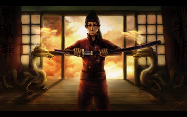 Anime picture 1920x1200 with ramy (artist) long hair highres black hair wide image ponytail realistic unsheathing boy weapon sword katana sheath dragon