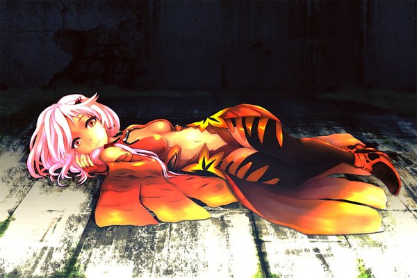 Anime picture 1300x867 with guilty crown production i.g yuzuriha inori infinote single long hair red eyes pink hair lying girl bodysuit
